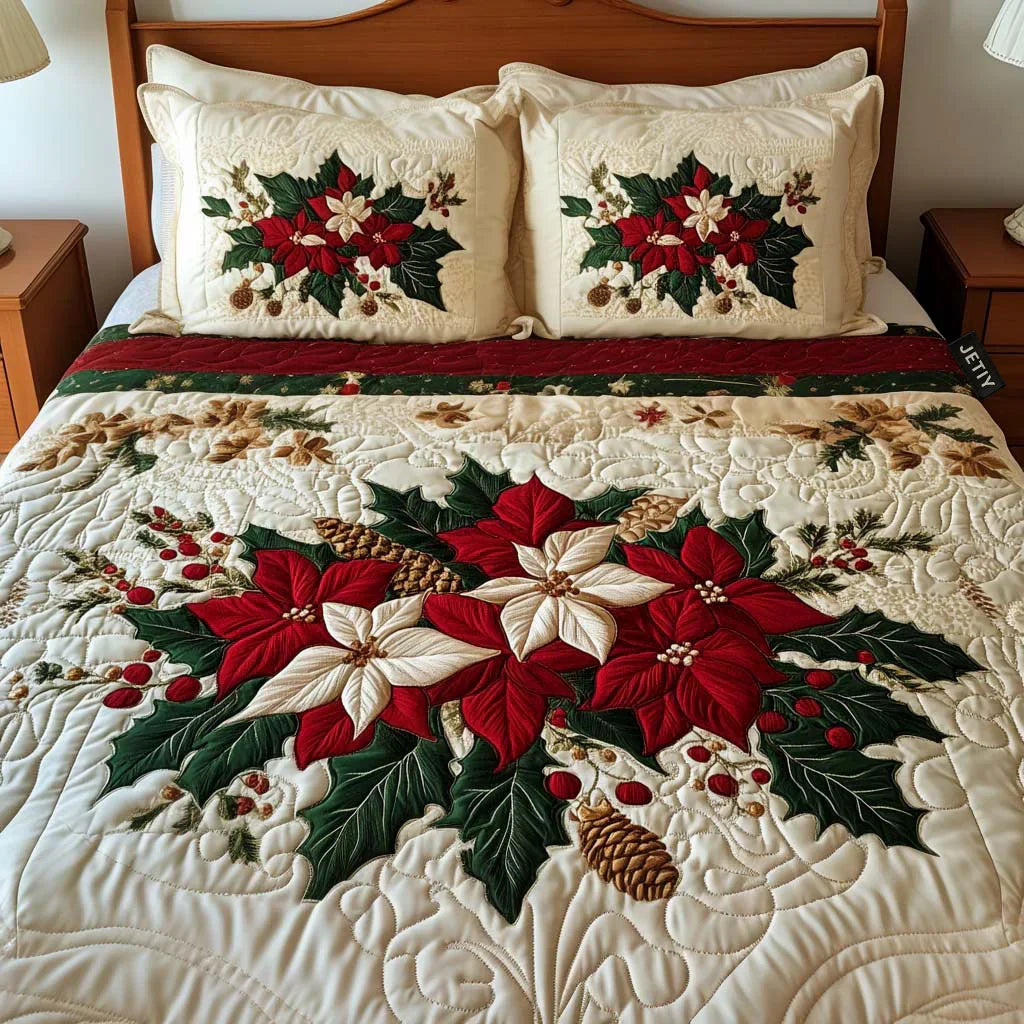 Juego de cama acolchada de 3 piezas - Encanto de Poinsettia