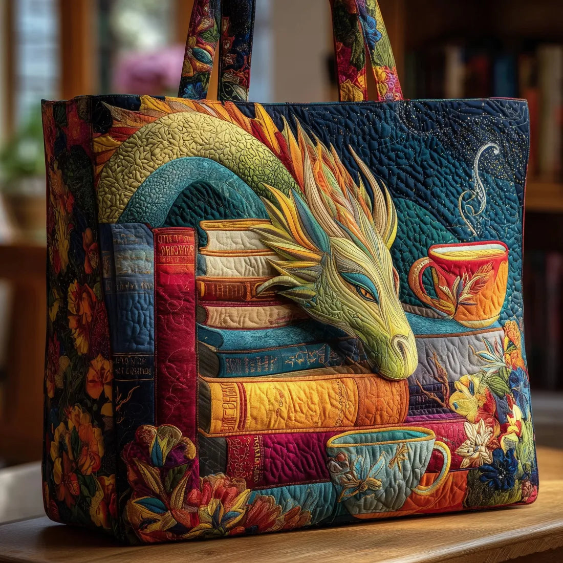 Handmade Bag - Book and Mug Reading Dragon