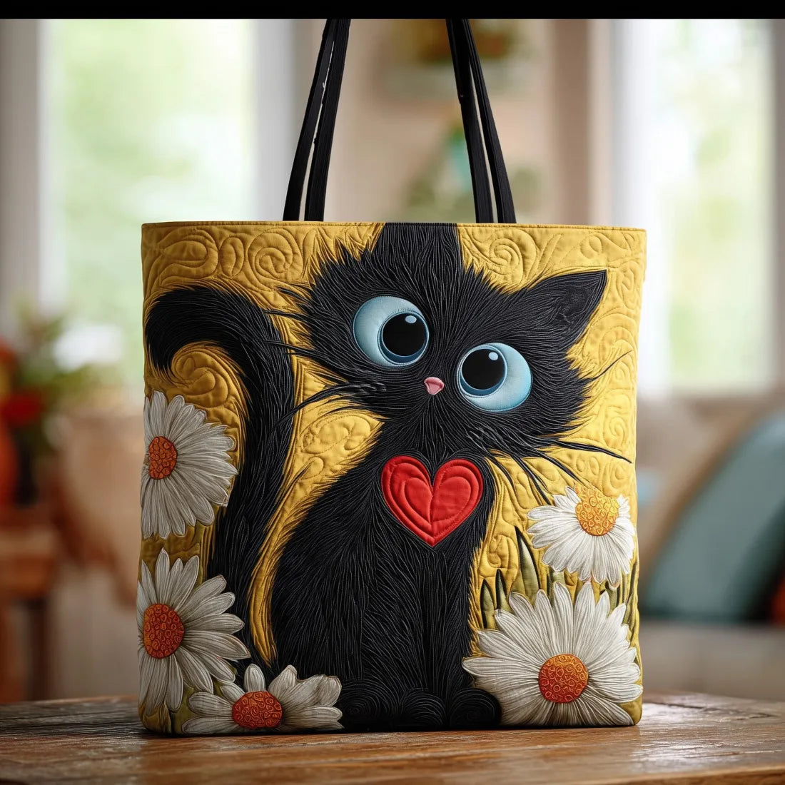 Handmade Bag - Black Cat with Daisies
