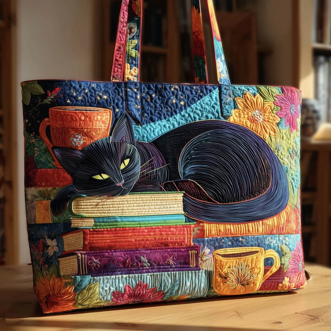 Handmade Bag - Black Cat with Books and Cups