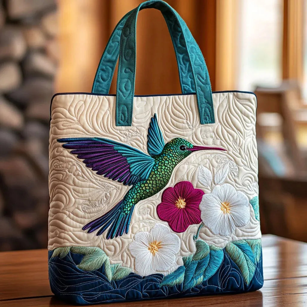 Quilted Pouch - Hummingbird and White Flower