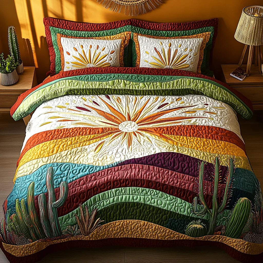 Juego de ropa de cama acolchada de 3 piezas - Atardecer entre cactus