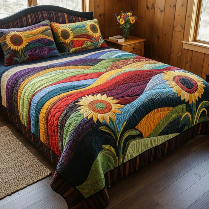 Conjunto de ropa de cama acolchada de 3 piezas - Sueños de Girasoles en el Campo