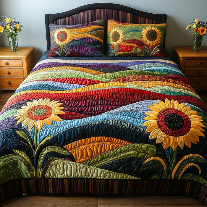 Conjunto de ropa de cama acolchada de 3 piezas - Sueños de Girasoles en el Campo