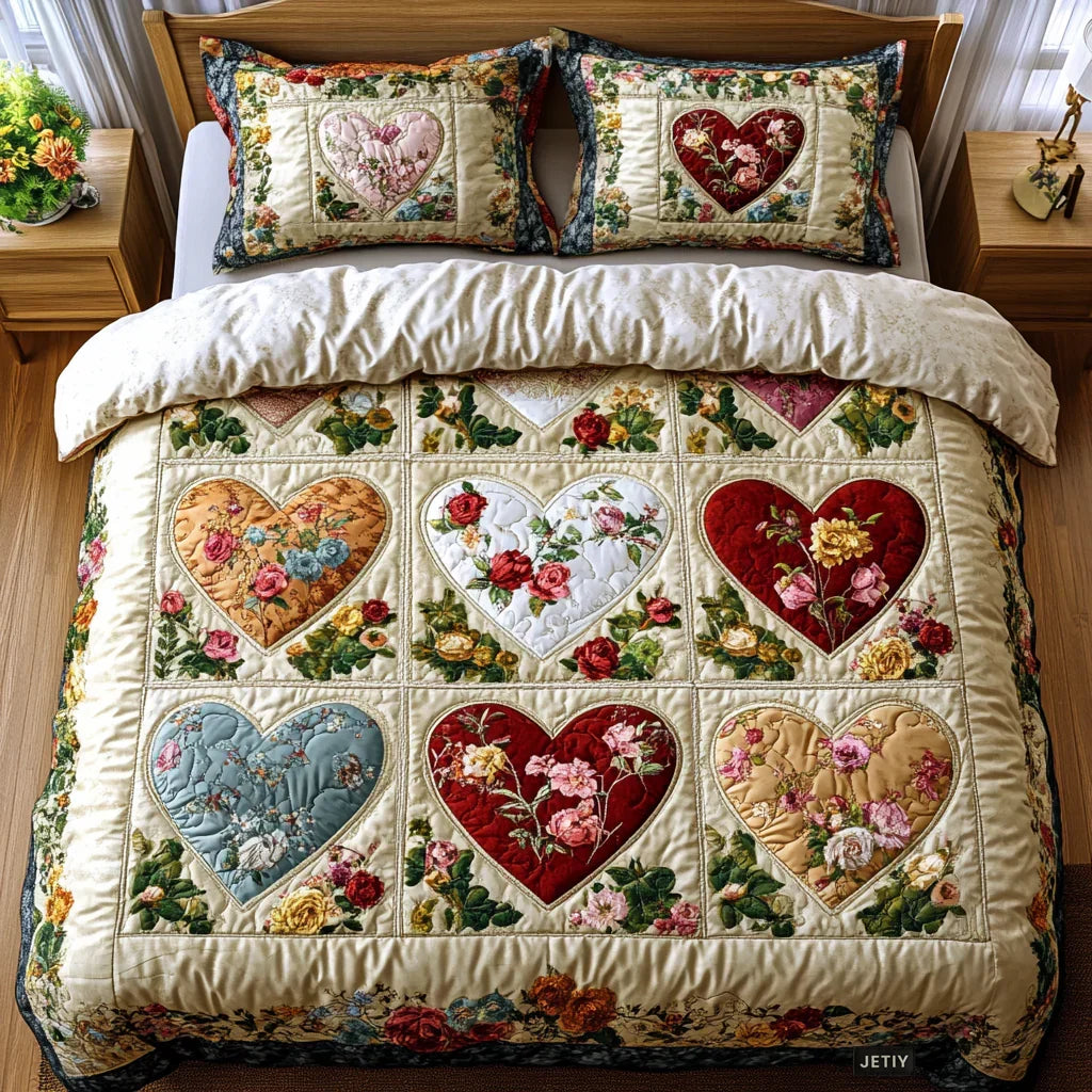 Conjunto de ropa de cama acolchada de 3 piezas - Corazones Enamorados