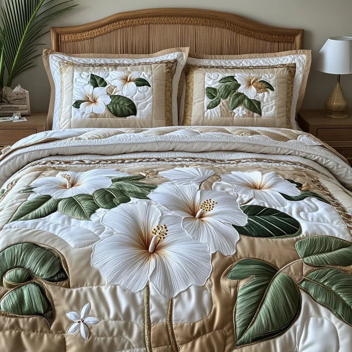 Conjunto de ropa de cama acolchada de 3 piezas - Hibisco Blanco