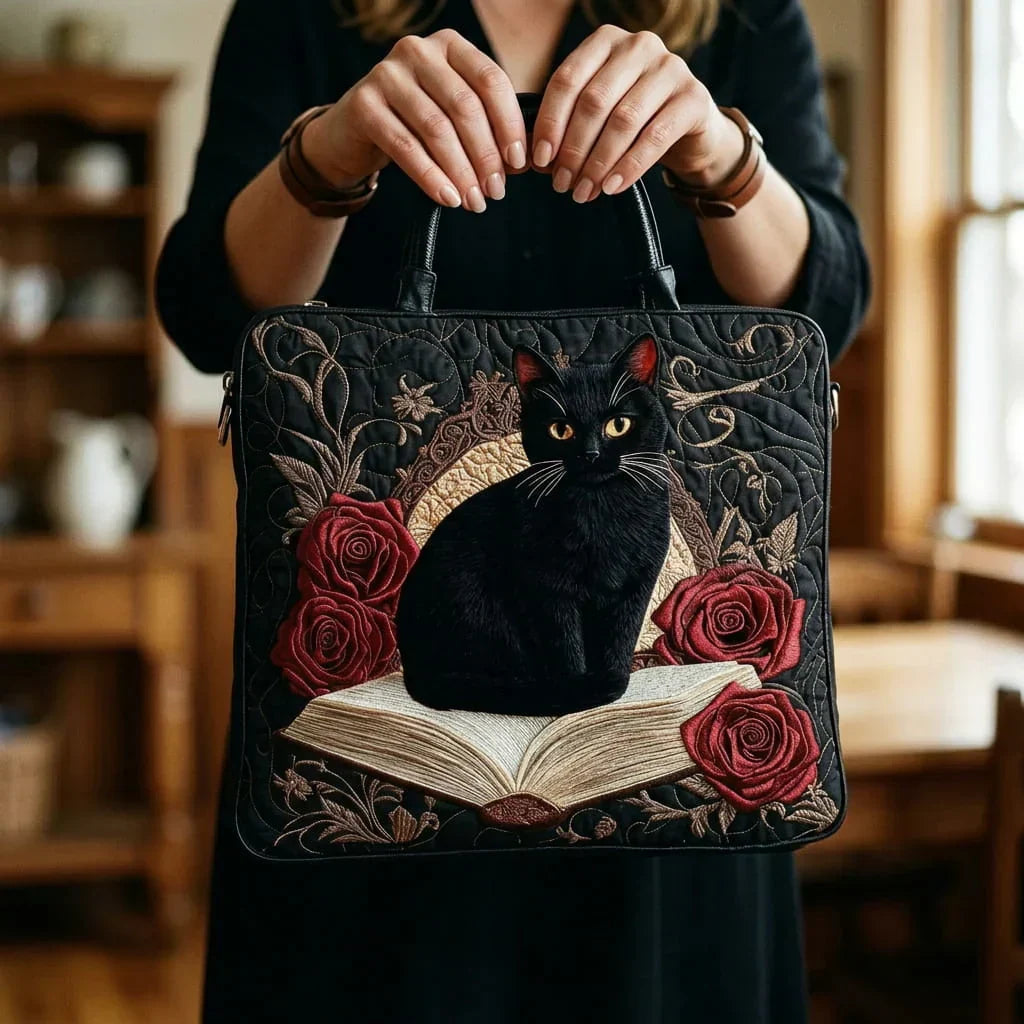 Handmade Quilted Bag - Black Cat on Books