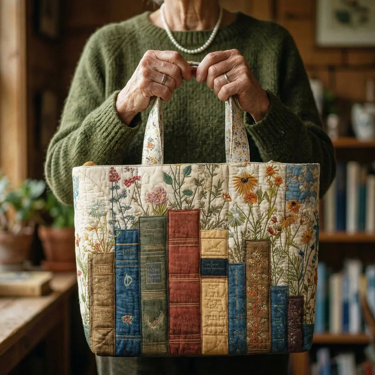 Quilted Handmade Bag - Books and Flowers