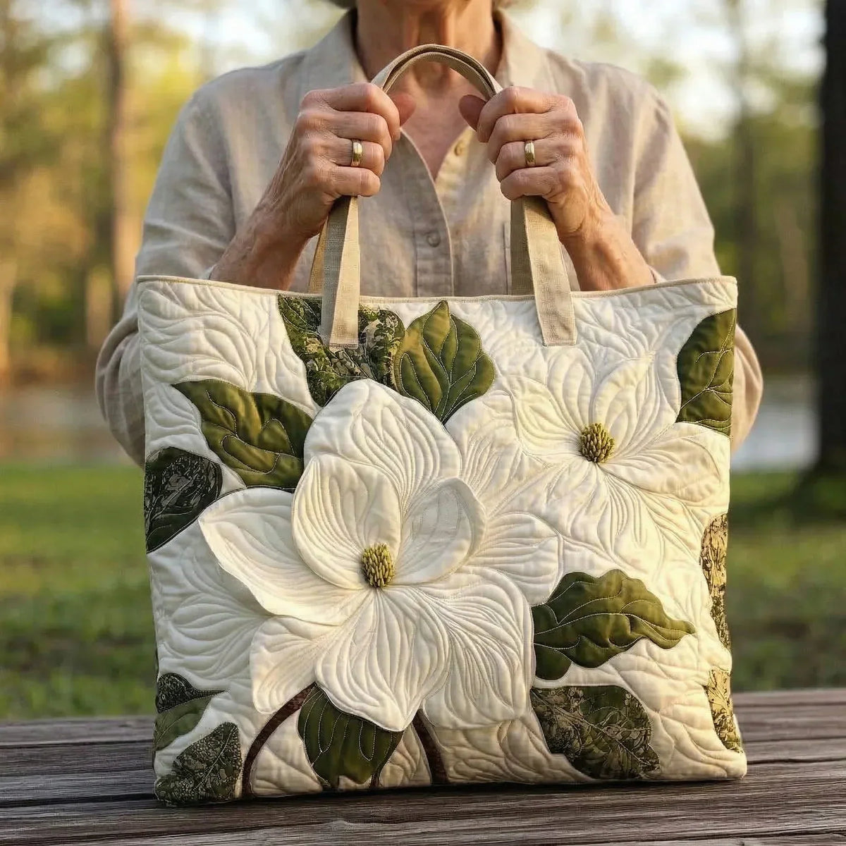 Bolso artesanal acolchado - Lirios blancos elegantes